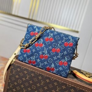 LV 25S COUSSIN BAG 26 IN DARK BLUE DENIM MONOGRAM CHERRY GOLD HARDWARE