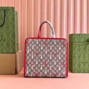 CHILDREN'S PRINTED RABBIT TOTE BAG 28.5 IN BEIGE AND DARK BROWN GG CANVAS RED TRIM