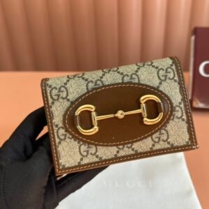 HORSEBIT 1955 CARD CASE WALLET 11.5 IN BEIGE EBONY GG CANVAS BROWN CALFSKIN